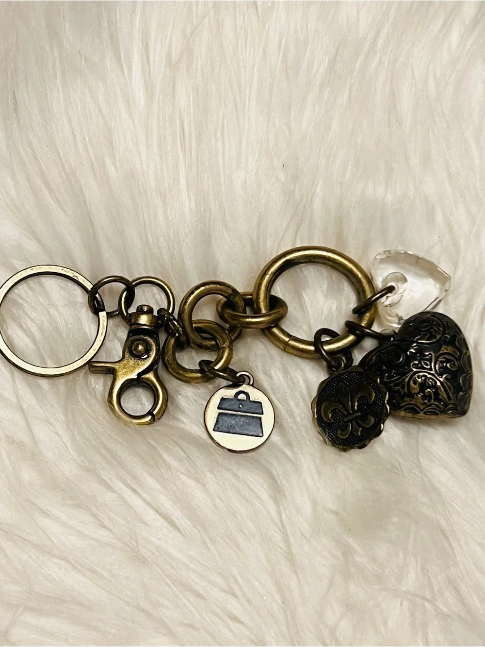 Kathy Van Zeeland Y2K Brass Tone Charm Keychain with Clear Heart